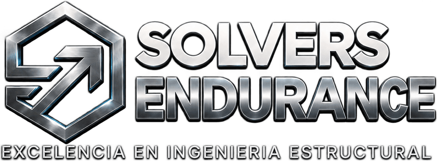 Logotipo de Solvers Endurance: hexágono metálico con flecha ascendente y la leyenda Excelencia en ingeniería estructural