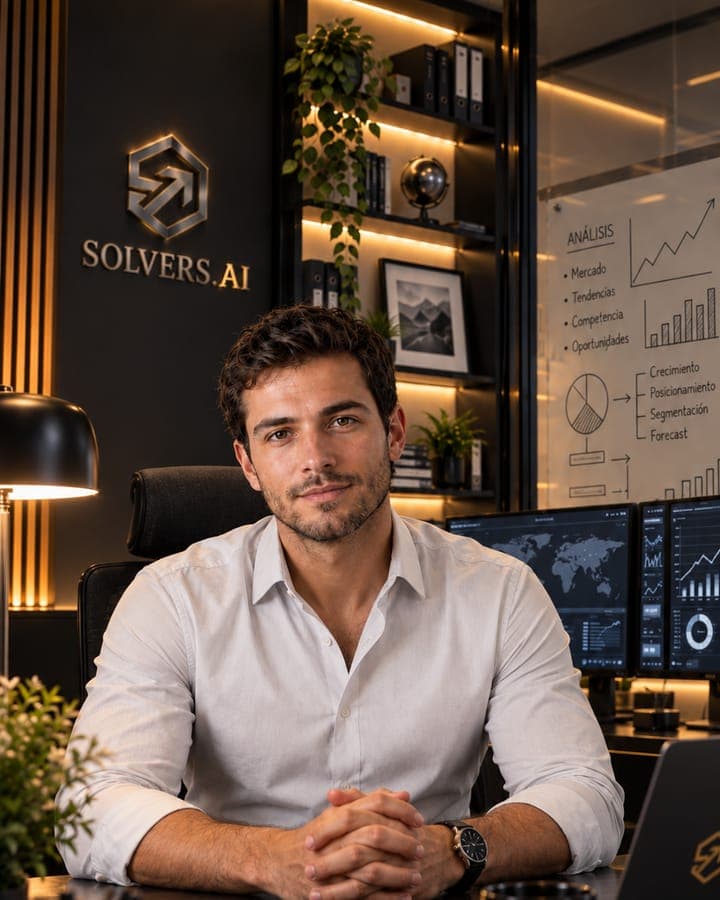 Retrato de Alejandro, especialista IA de desempeño de SOLVERS.AI, en su estación de trabajo