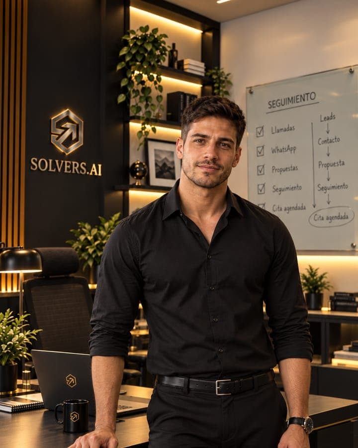 Retrato de Marco, especialista IA de seguimiento y reactivación de SOLVERS.AI, en su estación de trabajo